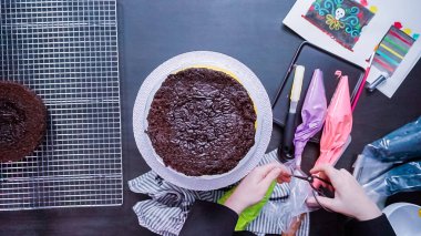 Adım adım. Düz yatıyordu. Bir çikolatalı kek ile parlak renkli buttercream frosting Dia de los Muertos tatil için montaj Baker.