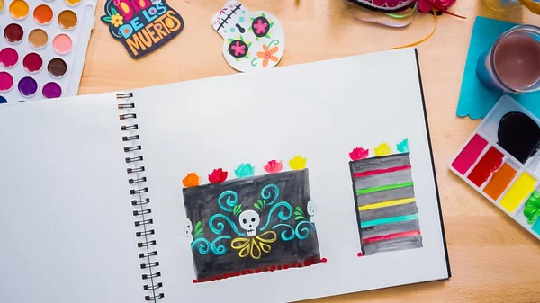 단계적으로 플랫이 휴일에 수채화와 케이크의 디자인을 스케치 베이커 — 스톡 사진
