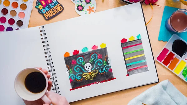 단계적으로 플랫이 휴일에 수채화와 케이크의 디자인을 스케치 베이커 — 스톡 사진