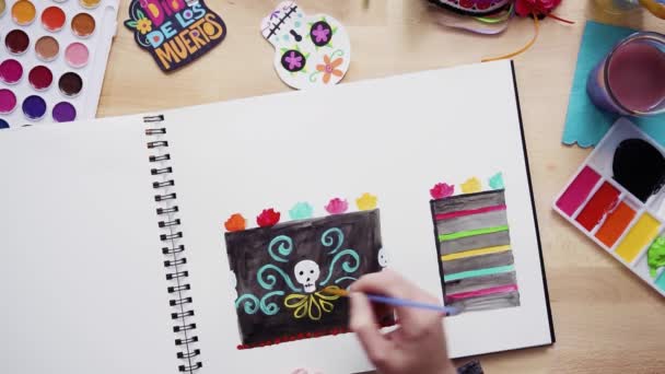 Paso Paso Acostado Baker Dibujando Diseño Pastel Con Acuarelas Para — Vídeos de Stock