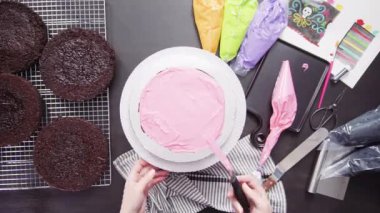 Zaman atlamalı. Adım adım. Düz yatıyordu. Bir çikolatalı kek ile parlak renkli buttercream frosting Dia de los Muertos tatil için montaj Baker