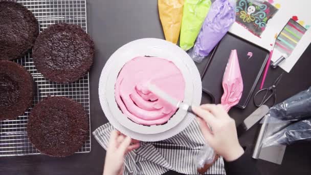 Step Step Flat Lay Baker Assembling Chocolate Cake Bright Colorful — Stock Video