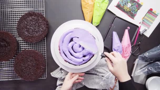 Step Step Flat Lay Baker Assembling Chocolate Cake Bright Colorful — Stock Video