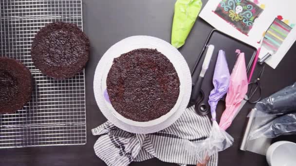 Step Step Flat Lay Baker Assembling Chocolate Cake Bright Colorful — Stock Video