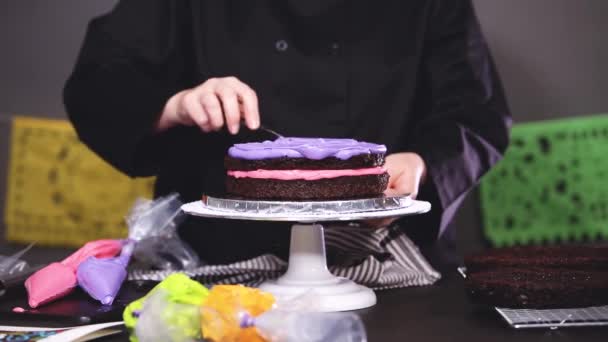 一步一步 贝克组装巧克力蛋糕与明亮多彩的奶油糖霜带来的带来 — 图库视频影像