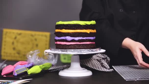 단계적으로 다채로운 Buttercream와 초콜릿 케이크를 베이커 — 비디오