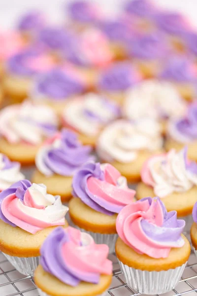 Close Van Kleine Vanille Cupcakes Met Roze Paarse Botterroom Suikerglazuur — Stockfoto