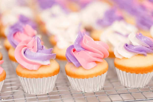 Primer Plano Pequeños Cupcakes Vainilla Con Glaseado Crema Mantequilla Rosa —  Fotos de Stock