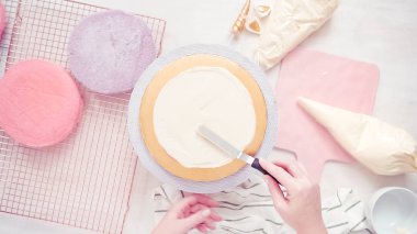 Düz yatıyordu. Yapmak için montaj pembe ve mor pasta katının tek boynuzlu at kek küçük kızın Doğum günü partisi için.