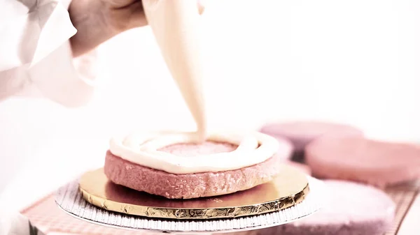 Baker Assembling Pink Purple Cake Layer Make Unicorn Cake Little — Stock Photo, Image