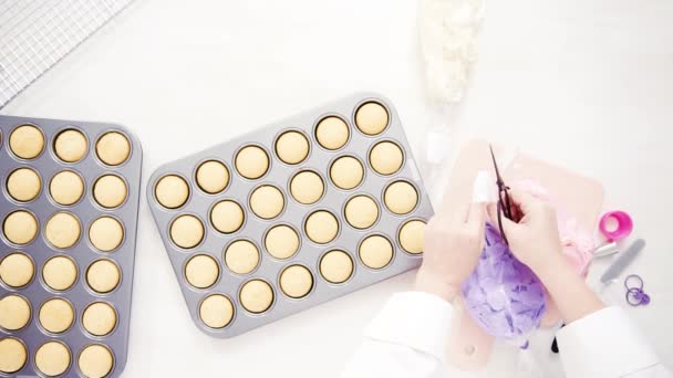 Flat Lay Piping Pink Purple Buttercream Frosting Small Vanilla Cupcakes — Stock Video