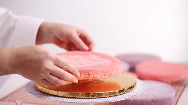 Baker Montando Camada Bolo Rosa Roxo Para Fazer Bolo Unicórnio — Vídeo de Stock
