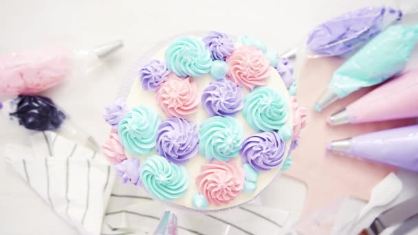 Flat Lay Piping Pastel Color Buttercream Rosettes White Cake Make — Stock Video