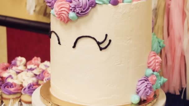 슬로우 모션입니다 소녀의 파티에 유니콘 케이크 — 비디오