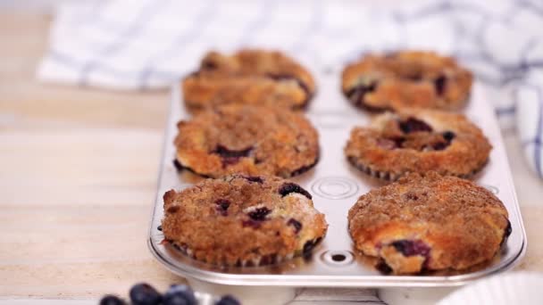 Fuori Dal Forno Muffin Mirtilli Con Cannella Guarnizione Zucchero — Video Stock