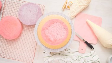 Düz yatıyordu. Yapmak için montaj pembe ve mor pasta katının tek boynuzlu at kek küçük kızın Doğum günü partisi için.