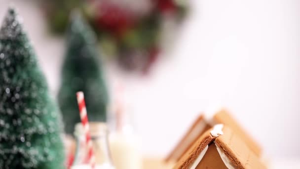 Kinderen Partij Voor Het Decoreren Van Kleine Peperkoekhuisjes Met Snoepjes — Stockvideo