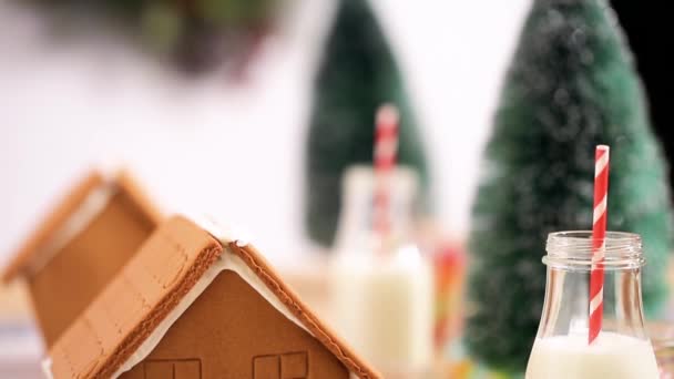 お菓子と小さなジンジャーブレッドの家を飾るために子供たちのパーティー — ストック動画