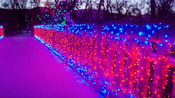 Puente Madera Decorado Con Luces Navidad Rojas Azules — Foto de Stock