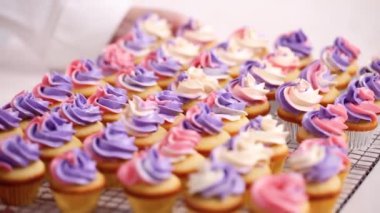 Pembe ve mor buttercream frosting küçük vanilyalı kek üzerinde boru.