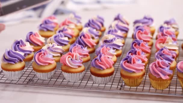 Piping Rosa Und Lila Buttercreme Zuckerguss Auf Kleinen Vanille Cupcakes — Stockvideo