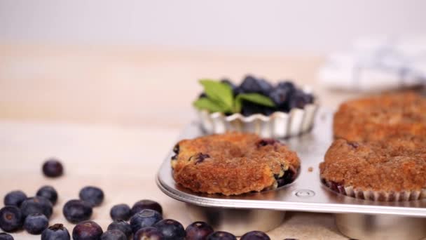 Platt Låg Hemmagjord Blueberry Muffins Gjord Med Ekologiska Ingredienser — Stockvideo