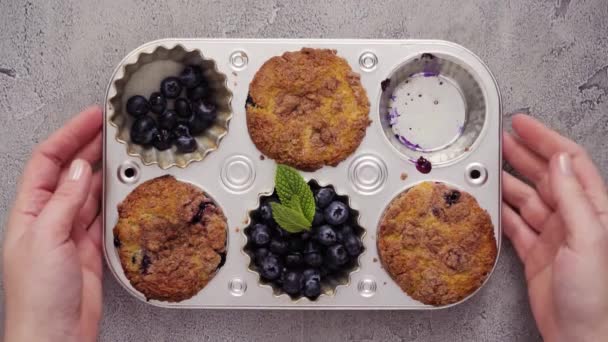 Flat Lag Voering Cupcake Pan Met Papieren Cupcake Liners — Stockvideo