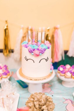 Uzun boynuzlu at kek küçük kızın Doğum günü partisinde.