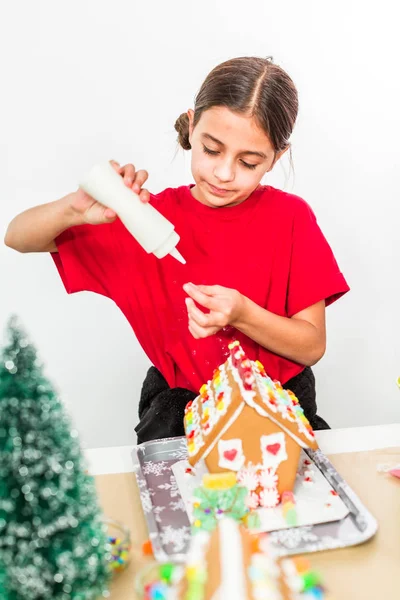 Kids Decorating Small Gingerbread Houses Christmas Craft Party — Stock Photo, Image