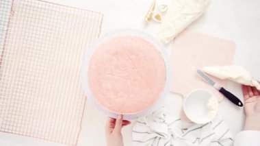 Düz yatıyordu. Yapmak için montaj pembe ve mor pasta katının tek boynuzlu at kek küçük kızın Doğum günü partisi için.