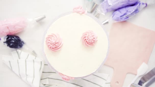 Flat Lay Piping Pastel Color Buttercream Rosettes White Cake Make — Stock Video