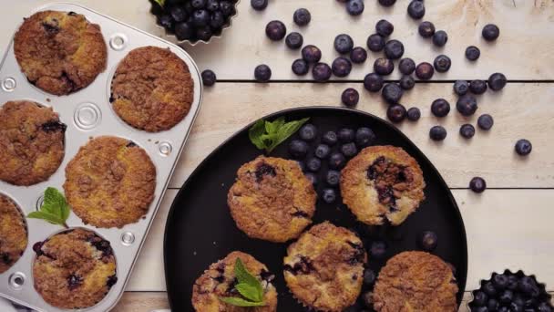 Blaubeer Muffins Aus Metall Muffinpfanne Nehmen — Stockvideo