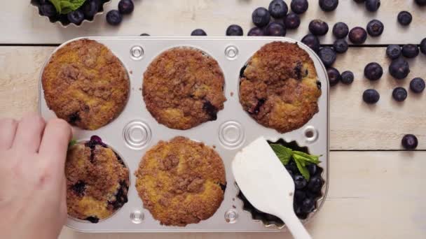 从金属松饼锅里取出蓝莓松饼 — 图库视频影像