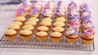 Pembe ve mor buttercream frosting küçük vanilyalı kek üzerinde boru.