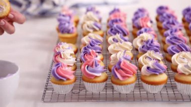Zaman atlamalı. Pembe ve mor buttercream frosting küçük vanilyalı kek üzerinde boru.