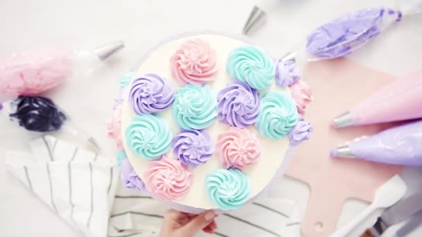 Flat Lay Piping Pastel Color Buttercream Rosettes White Cake Make — Stock Video