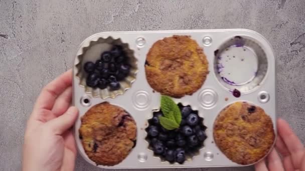 从烤箱中拿出蓝莓松饼 肉桂和糖盖 — 图库视频影像