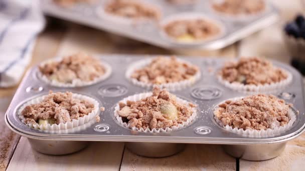 Ramasser Cannelle Garniture Sucre Sur Pâte Muffins Aux Myrtilles — Video
