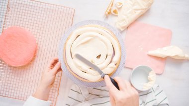 Düz yatıyordu. Yapmak için montaj pembe ve mor pasta katının tek boynuzlu at kek küçük kızın Doğum günü partisi için.