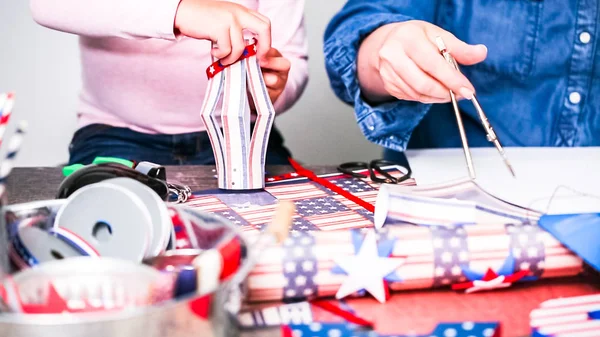 Step Step Mother Daughter Making Paper Firecrackers July 4Th Celebration — Stock Photo, Image
