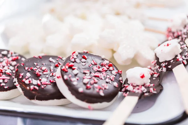 Close Verscheidenheid Van Marshmallow Toppings Met Pepermunt Chocolade Voor Warme — Stockfoto