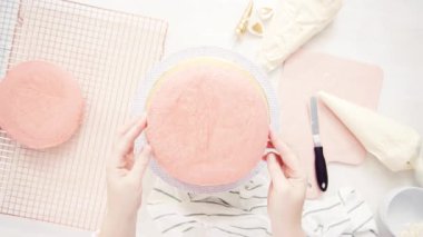 Düz yatıyordu. Yapmak için montaj pembe ve mor pasta katının tek boynuzlu at kek küçük kızın Doğum günü partisi için.