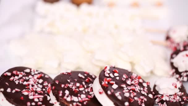 Zár Megjelöl Kilátás Különféle Marshmallow Öntetek Borsmenta Csokoládé Forró Csokoládé — Stock videók