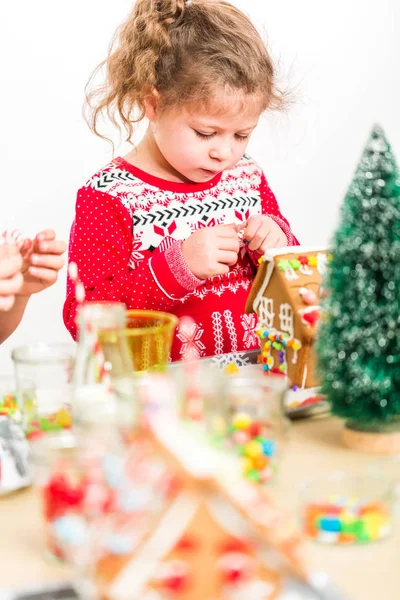 Kids Decorating Small Gingerbread Houses Christmas Craft Party — Stock Photo, Image