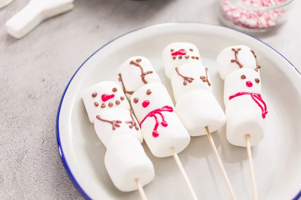 Close View Marshmallow Snowmen Reindeer Sticks Hot Chocate Drink — Stock Photo, Image