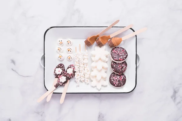 Flat Lay Variety Marshmallow Toppings Hot Chocolate Cocoa Drinks White — Stock Photo, Image