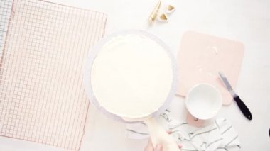 Düz yatıyordu. Beyaz buttercream buzlanma ile pembe ve mor pasta buzlanma.