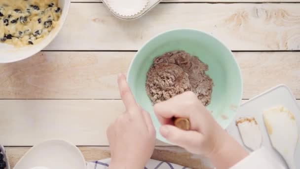 将原料混合在一起 混合碗中的蓝莓松饼 — 图库视频影像