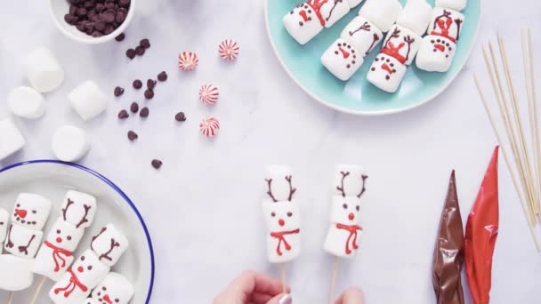 Flat Lay Making Marshmallow Snowmen Reindeer Sticks Hot Chocolate Cocoa — Stock Video