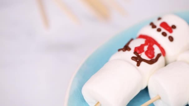 Fare Marshmallow Pupazzo Neve Bastoncini Toppers Cioccolata Calda Dono Del — Video Stock